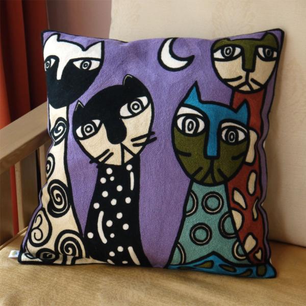 北欧風デザイン刺繍クッションカバー45×45 ネコ猫