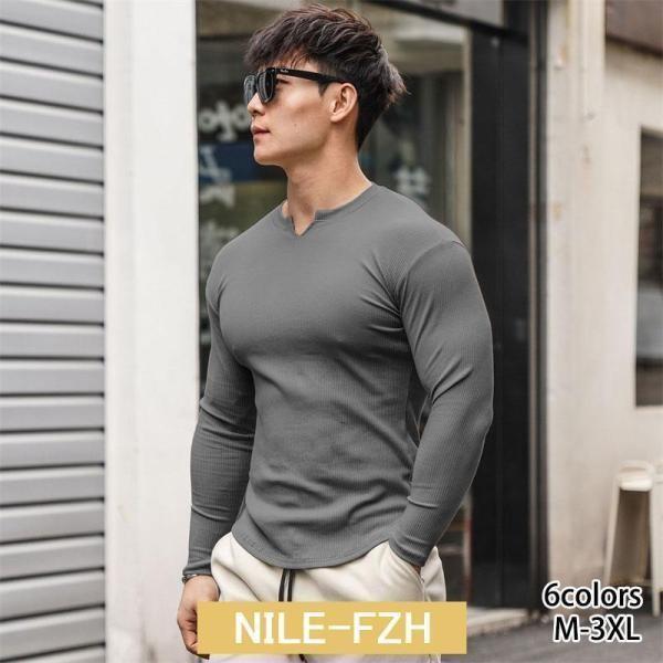 がっちり マッチョ マッチョtシャツ 筋肉質 ファッション 長袖 tシャツ メンズ vネック 大きい...