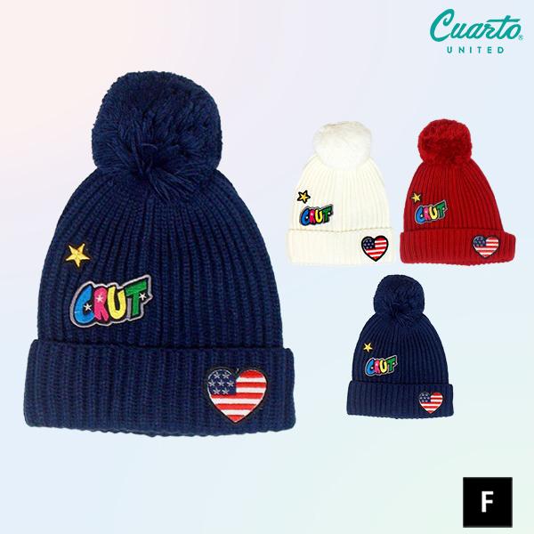 ニット帽 ビーニー ボンボン アメリカンテイスト ワッペンロゴ クアルトユナイテッド ゴルフググッズ...