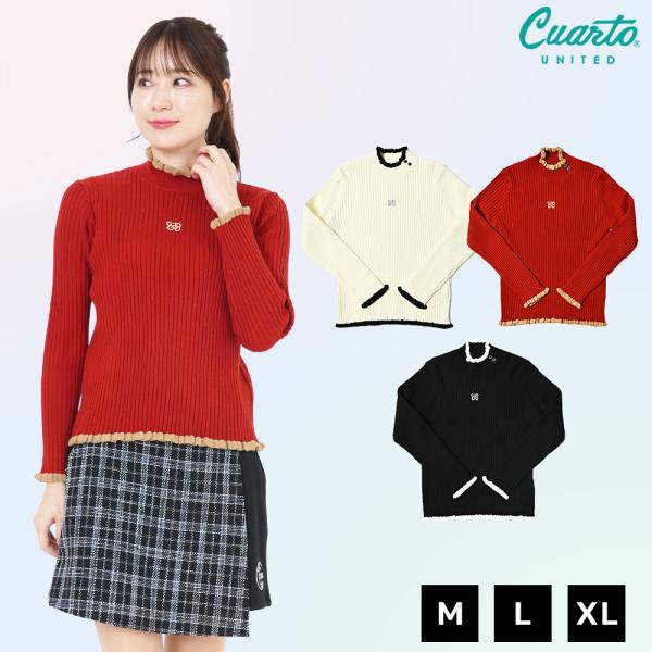 ニットトップス プルオーバー 配色フリルリブ ラメ刺繍ロゴ レディース クアルトユナイテッド ゴルフ...