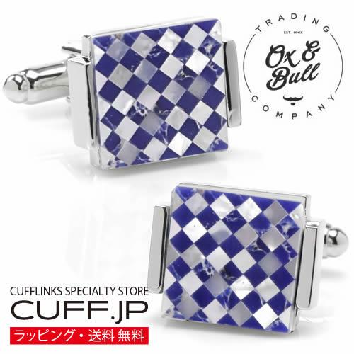 カフス カフスボタン マザーオブパール ブルー チェッカー カフリンクス Ox &amp; Bull Tra...
