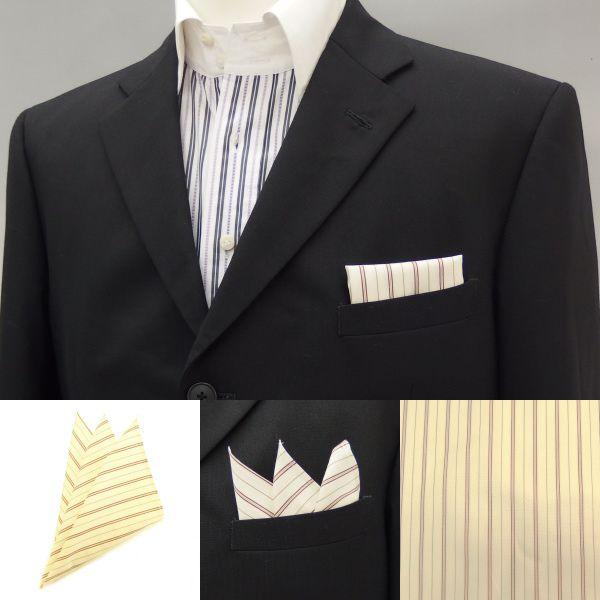 ポケットチーフ 高級オーダーシャツ生地 ベージュ ブラウン トリプルストライプ柄ポケットスクウェア ...