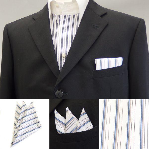 ポケットチーフ 高級オーダーシャツ生地 ブルー系ストライプ柄ポケットスクウェア メンズ スーツ プレ...