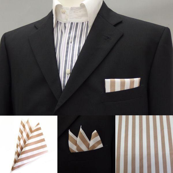 ポケットチーフ 高級オーダーシャツ生地 ブラウン ホワイトストライプのポケットスクウェア メンズ ス...