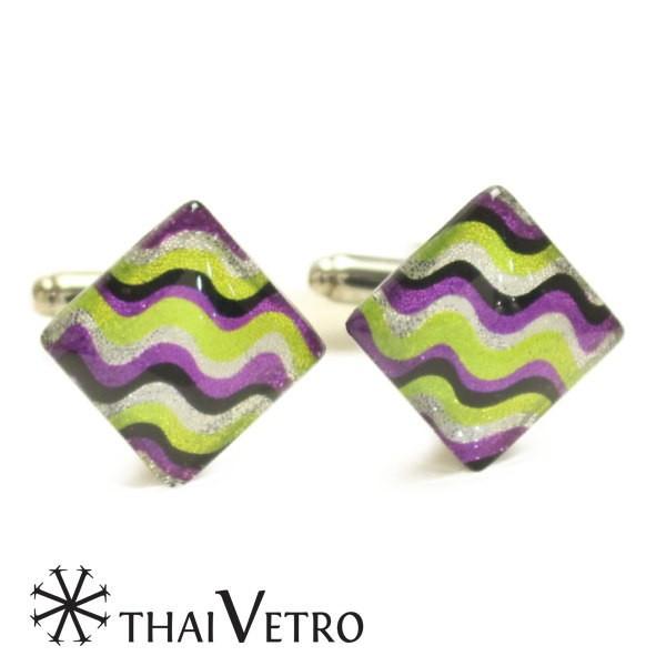 カフス カフスボタン ThaiVetro マルチカラー リップルデザイン ガラス製 メンズ カフスマ...