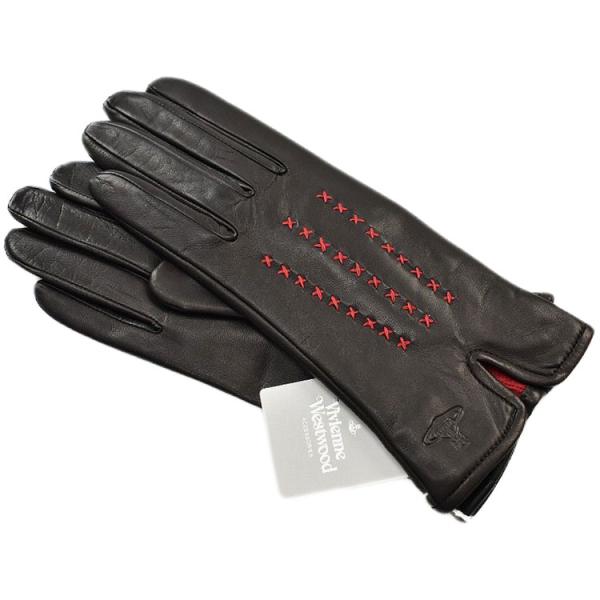 ヴィヴィアンウエストウッド 手袋 レディース ブランド ラムレザー ダークブラウン レッド クロスス...