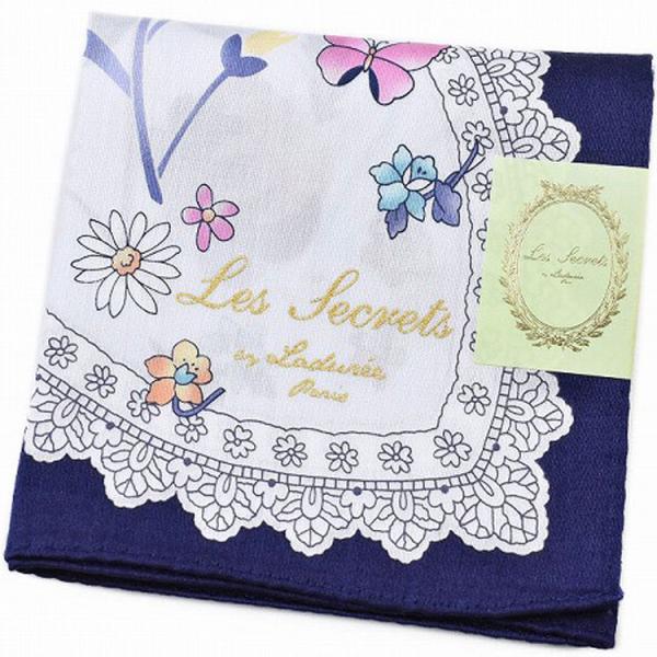 ラデュレ ハンカチ 1枚 レディース ブランド ネイビーフラワー バタフライ プリントデザイン ロゴ...