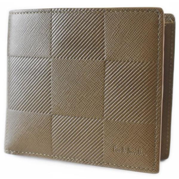 二つ折り 財布 ポールスミス メンズ ブランド チェッカーエンボス フラップ 専用箱付 カーキ 男性...