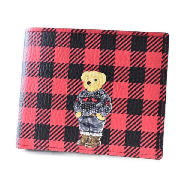 財布 メンズ 二つ折り ポロ ラルフローレン ブランド チェック ポロベア フラップ 専用箱付 レッ...