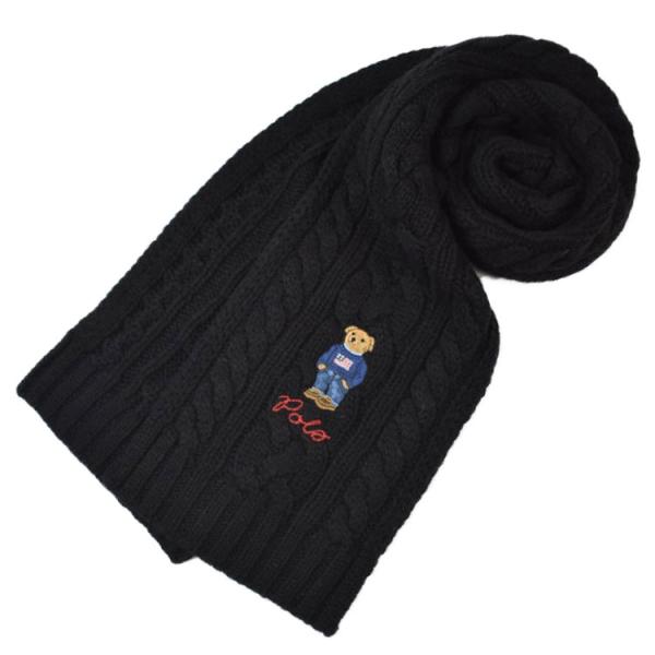 マフラー メンズ ポロ ラルフローレン ウール 混 ポロベア 刺繍 ケーブルニット デザイン 黒 ブ...