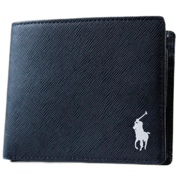 二つ折り 財布 ポロ ラルフローレン メンズ ブランド サフィアーノレザー 専用箱付 紺 ネイビー ...