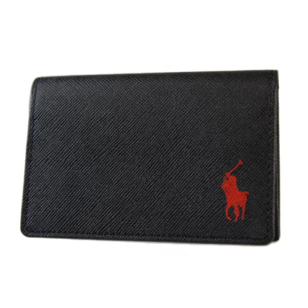 ポロ ラルフローレン カードケース メンズ サフィアーノレザー フラップ 専用箱付 黒 ブラック 赤...