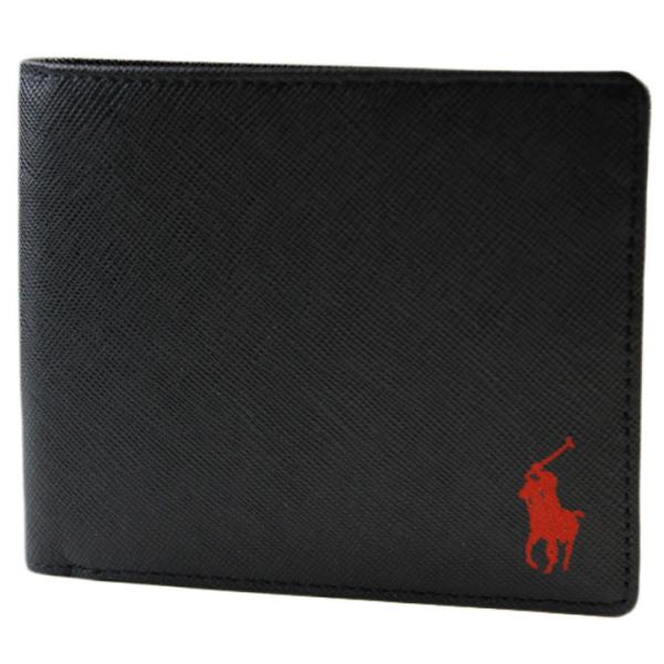 二つ折り 財布 ポロ ラルフローレン メンズ ブランド サフィアーノレザー 専用箱付 黒 ブラック ...