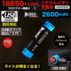 18650リチウムイオン充電池3.7V/2600mAh USB充電式 プロテクト回路付き PSEマーク取得 日本製ICチップ仕様 高出力 Li-ionバッテリー  防災 CUPOLA