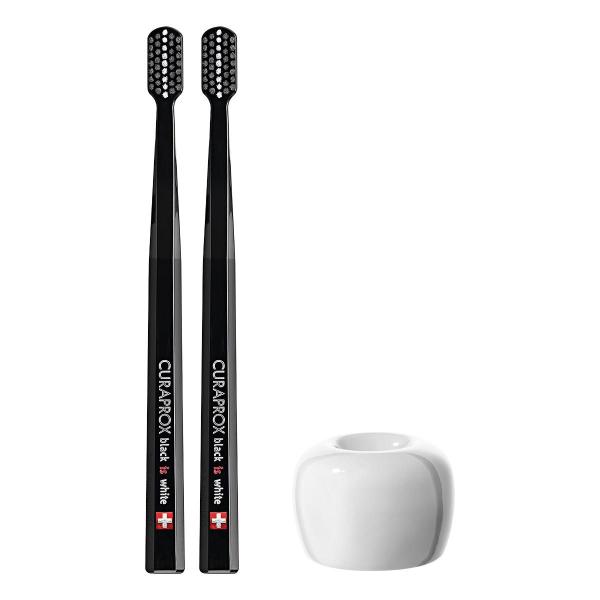 クラプロックス　歯ブラシ ブラックisホワイト（黒×黒）2本セット+歯ブラシスタンド（白）