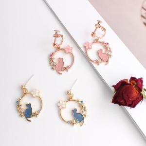 イヤリング ピアス 二種類 ピアス チェーン イヤーカフ アニマル フラワー イヤリング シンプル ラインストーン ピアス 入学 贈り物 ネコ 猫 月
