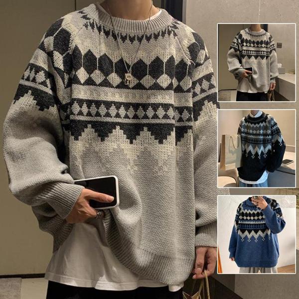 ニットセーター メンズ 長袖 クルーネックセーター ネイティブ柄プルオーバーセーター 秋冬 防寒セー...