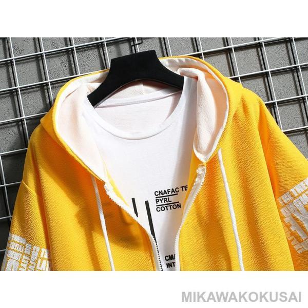 パーカー メンズ 半袖 夏 涼しい 切り替え ジップアップ 前開き フード 袖文字 五分袖 ス