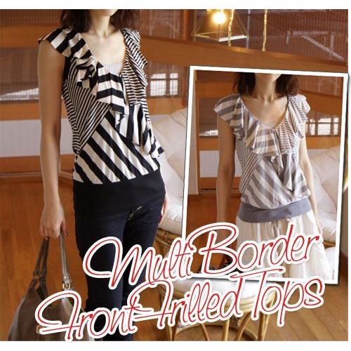 詰め放題福袋チケット対象商品 Adonisis　アドニシス マルチボーダー フロントフリル トップス...