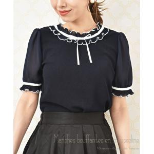 トップス レディース きれいめ 春夏 春夏 ブラウス 半袖 おしゃれ  カジュアル オフィス ネイビー 大人 可愛い プチプラ パフスリーブ シフォン リボン
