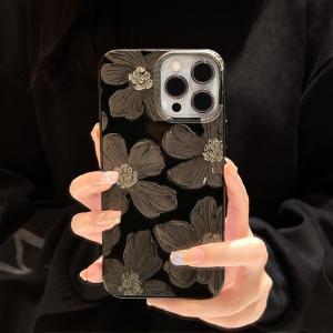 ブラックフラワー 油絵風 高級感 お洒落 大人かわいい 花柄 韓国 スマホケース 爆買iPhoneX/XS iPhoneXR iPhone11 iPhone12 iPhone13 iPhone14