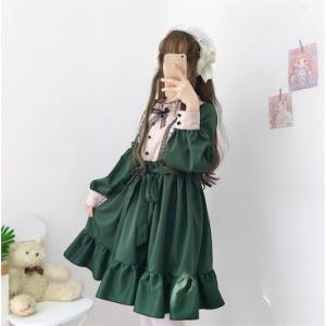 ワンピース レディース ロリータ ヘッドドレス セット 長袖/半袖 膝丈 ゴスロリ ドレス 黒 服 ロリータファッション Lolita メイド服 コスプレ 二枚送料無料