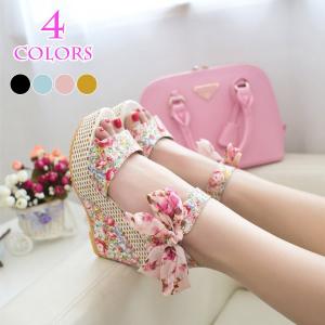 スポーツサンダル レディース ウェッジソール 厚底 花柄 リボン付き お姫様 疲れない アンクルストラップ シューズ 靴 カジュアル 美脚 送料無料