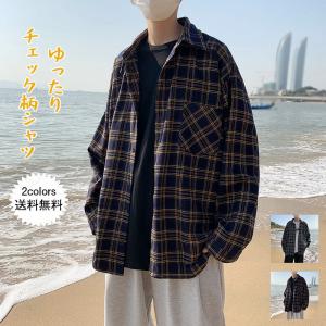 チェック柄シャツ メンズ ライトアウター 折り襟 長袖 前開き トップス
