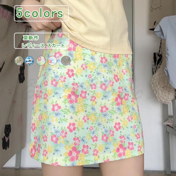 タイトスカート ショートスカート 花柄 薄手 ミニ丈 レディース スカート ハイウエスト 体型カバー...