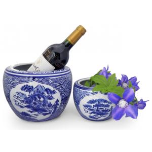 双耳 水鉢 金魚鉢 水盤 手付き 陶器 染付 金魚柄(説明書付き)メダカ鉢