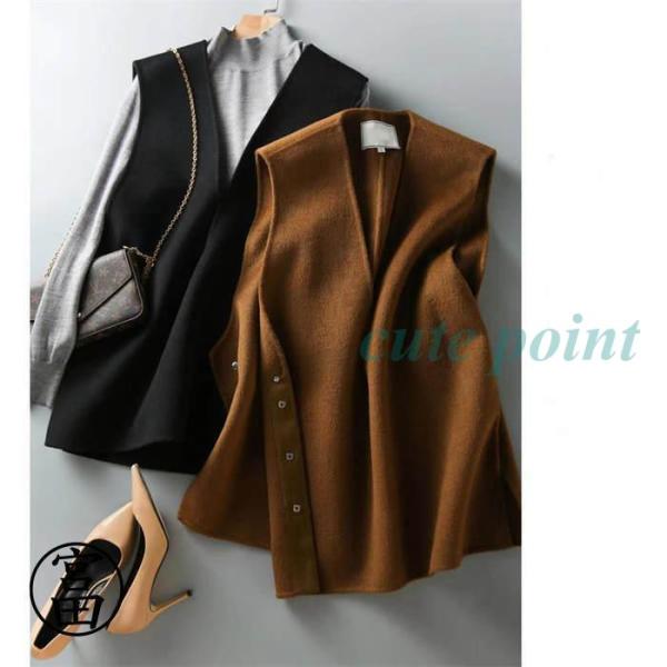 ベスト レディース ジレ 秋冬 ツイード風ベスト トップス サイドスリット ノースリーブ Ｖネック ...