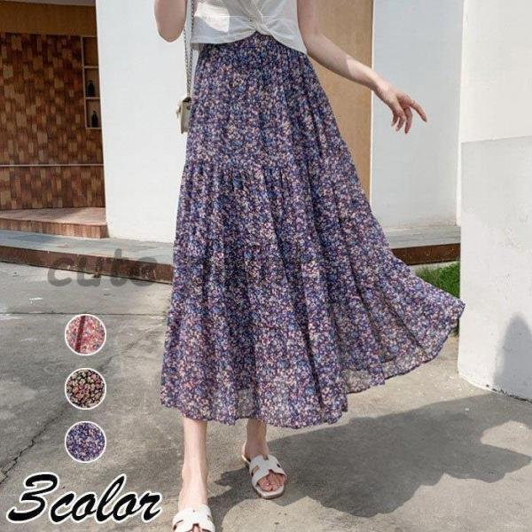 スカート レディース 春夏秋 マキシスカート 花柄シフォンフレアスカート ロングスカート Aライン ...