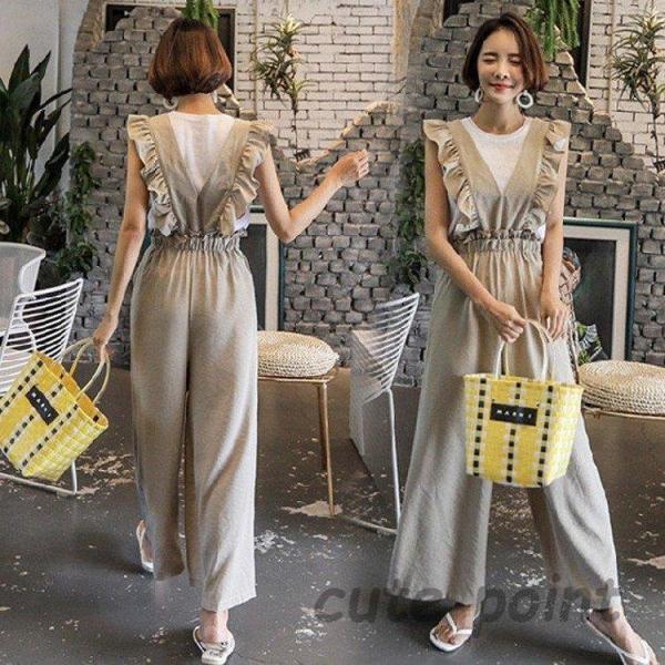 サロペット オーバーオール  パンツ レディースロング丈 ワイドパンツ 春夏 ロングズボン フレア ...