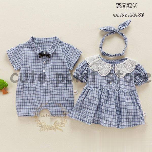 ボディスーツベビー服男の子ロンパース夏服女の子チェック柄半袖ワンピース可愛い赤ちゃん新生児出産祝い双...