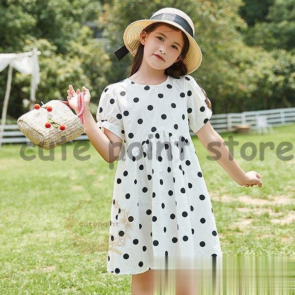 子供服 ワンピース 女の子 夏服 韓国子供服 半袖ワンピース ドット柄 子供ドレス キッズ ジュニア...