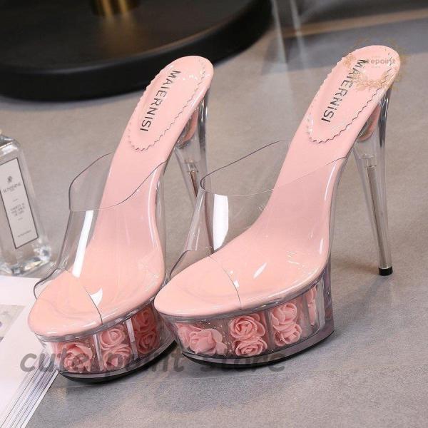 キャバ サンダル キャバヒール 花 15cmヒール クリアミュールサンダル キャバ嬢 足長ヒール ゴ...