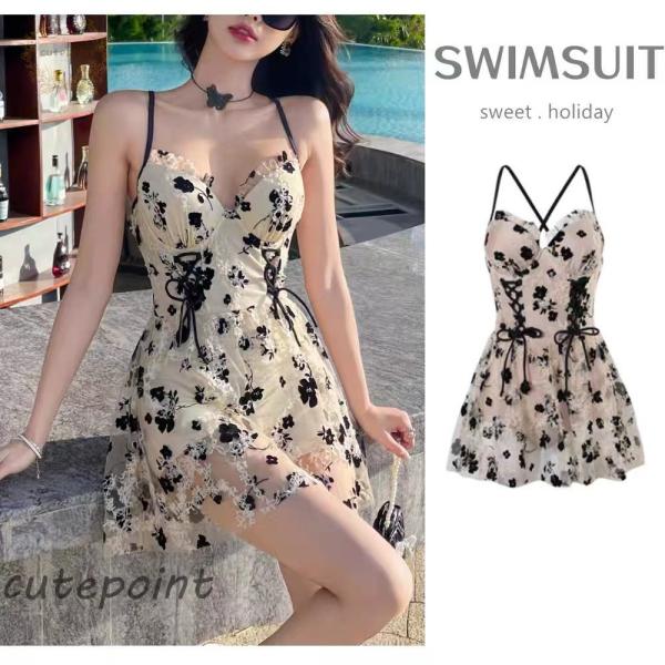 水着レディース 体型カバー 水着 ワンピース型 サロペット 花柄 背中出し 小胸バンドゥ 水着 韓国...