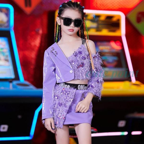 パープル スパンコール ダンス衣装 ラテンダンス衣装 ドレス 子供　キッズ　女の子 ジュニア 社交ダ...