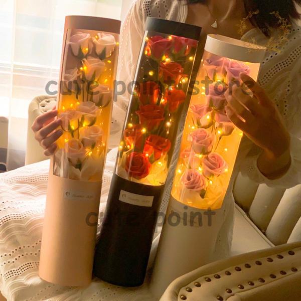 ソープフラワー 花束 LEDライトつき ボックス アレンジメント アロマ おしゃれ ピンク 薔薇 ロ...