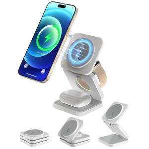 Yamisan ワイヤレス充電器 3-in-1 マグネット式 折り畳み式 Qi対応 Mag-Safe対応 コンパクト充電器  (ホワイト1)