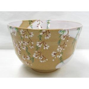 白釉　掛分け　柳桜の絵茶碗　橋本永豊作　桜が描かれました、春のお抹茶茶碗です お稽古 花見　掛分け