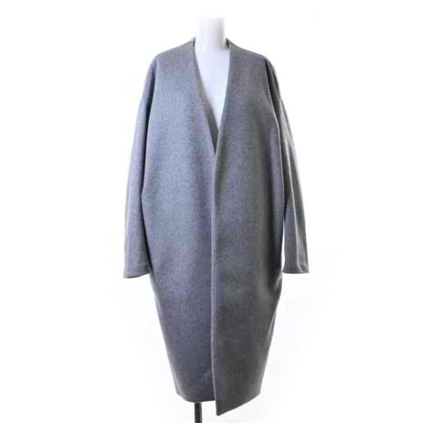 美品 ENFOLD ウール リバー ノーカラーコート 38 グレー エンフォルド KL4CSLPL7...