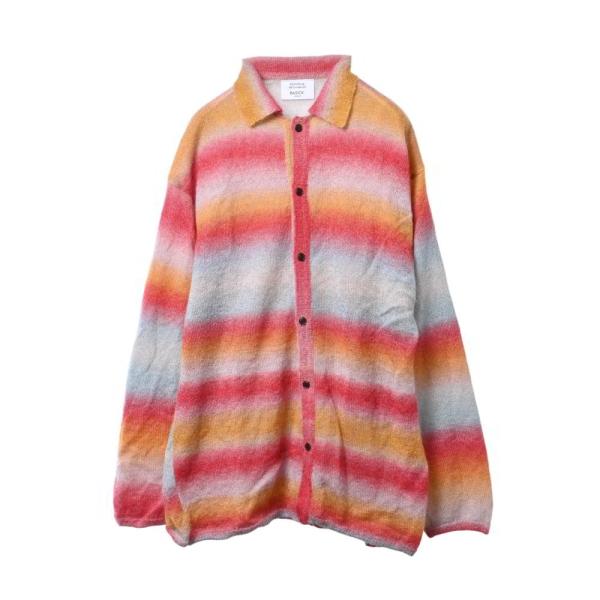 美品 BASICKS シャドウストライプ モヘア カーディガン L レッド ベーシックス KL4BS...