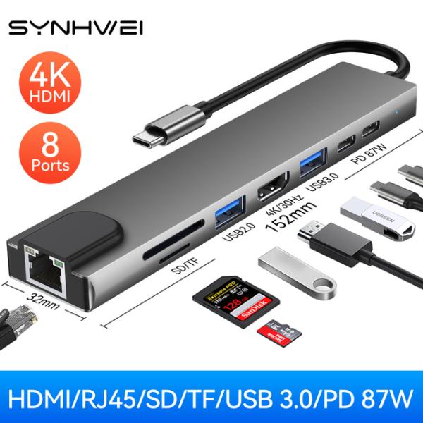 ノートブックアダプター用4/8-in-1ハブ,USB 3.0,pd充電,8ポート,ステーションrj4...