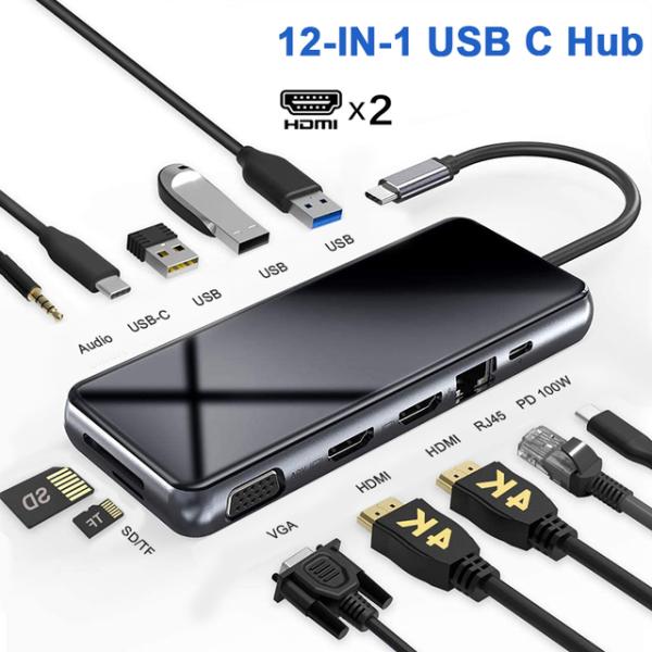 Usb cハブトリプルモニターガラスパネルタイプcアダプタで2hdmi/vga/RJ45/サンダーボ...