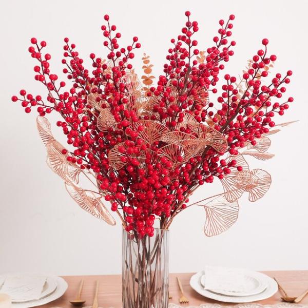 人工の赤いベリーの花の花束,家の花瓶の装飾,クリスマスの木の飾り,新年,2023パーティー,クリスマ...