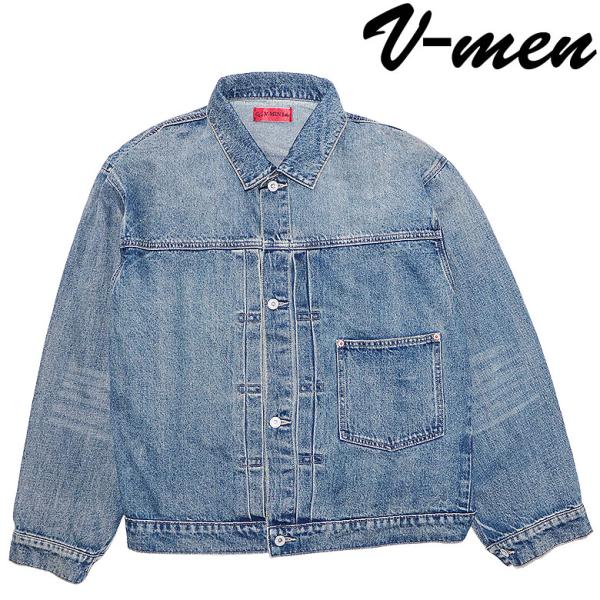 V-men ブイメン Gジャン デニムジャケット ブルー ヴィンテージ風 色落ち加工 春秋 カジュア...
