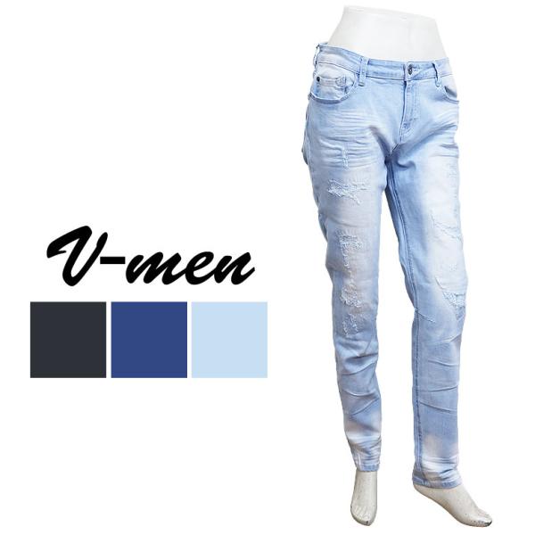 【V-men】ブイメン ストレッチデニム ジーンズ メンズ スリム リメイク加工 スキニー ヴィンテ...