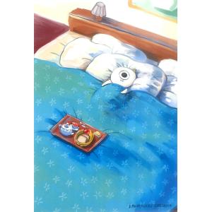 川尻こだまポストカード「ネックビと巨大ベッド」