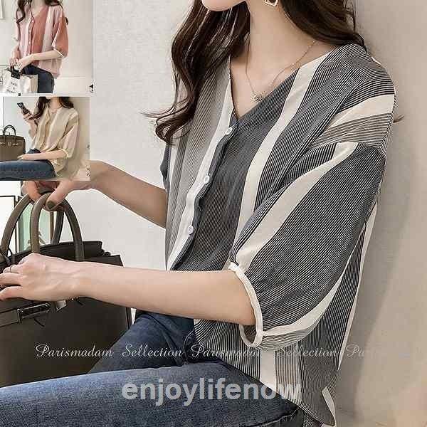 5分袖ストライプブラウストップスブラウス通勤大きいサイズ女子会20代30代40代50代